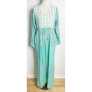 Indian Boho Long  Bohemian Ethnic Floral‎  Maxi Dress Turquoise Blue Gold S/M